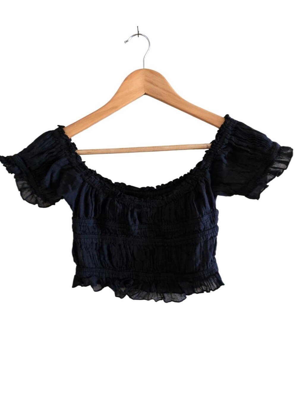 Free People FP One Black Smocked Off Shoulder Crop Top Gauze Stretch Ruffle XS - Picture 8 of 9